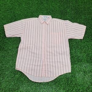 Vintage 90s MOD Striped Baggy Button Shirt Large 23x31 Pink Gray